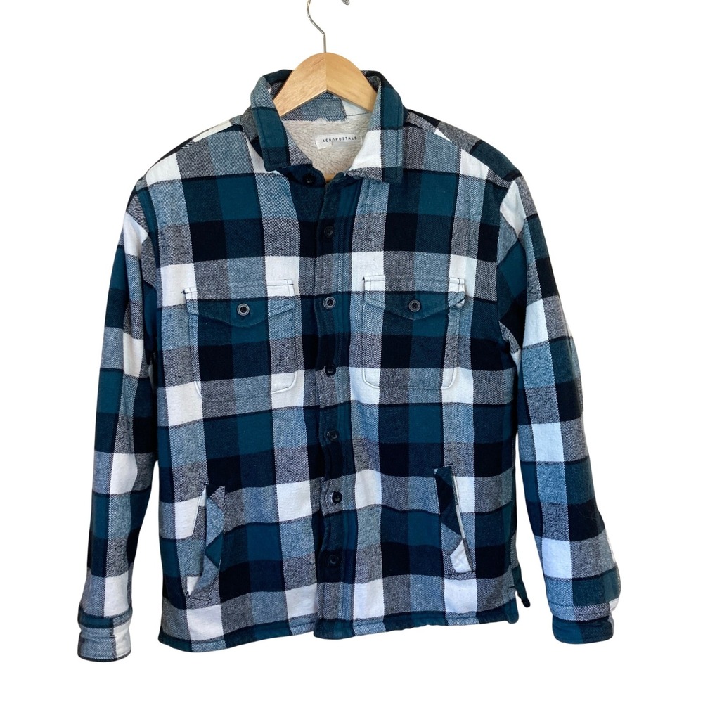 Aeropostale Mens M Jacket Sherpa Lined Flannel Teal Blue Green Plaid LXDJCH80‎